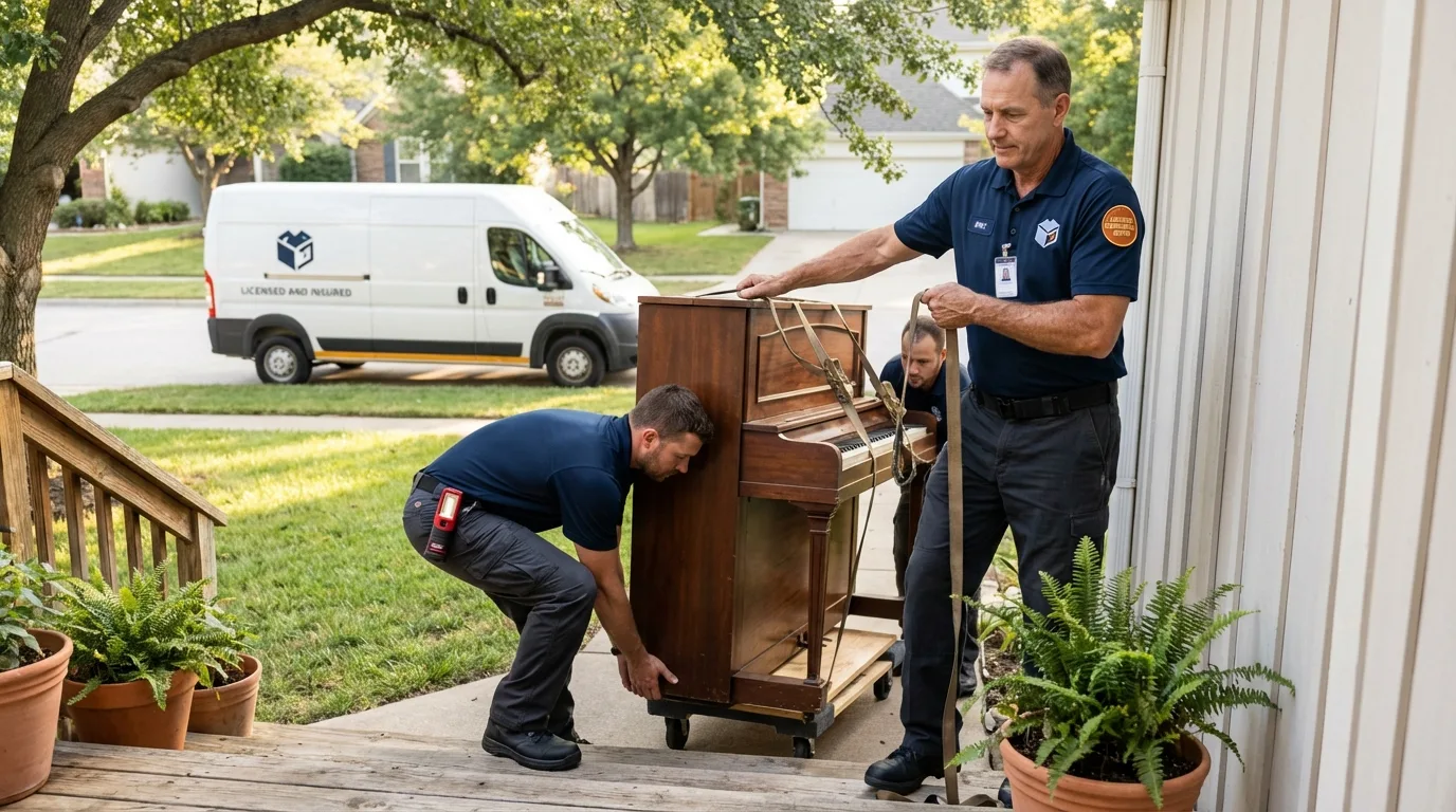Licensed piano movers securing grand piano in Schoharie, NY