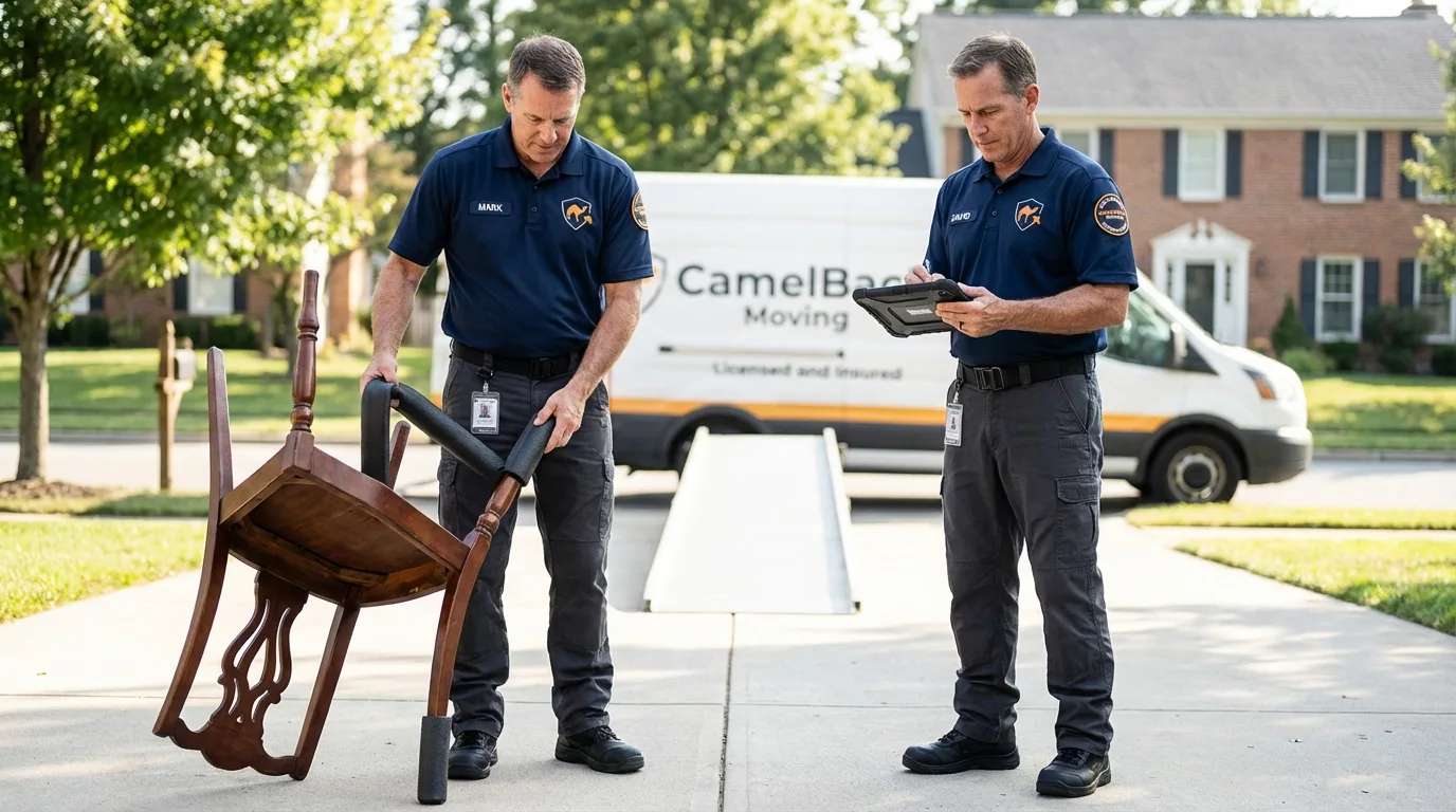 Movers inspecting furniture for damage prevention before loading in Schoharie, NY