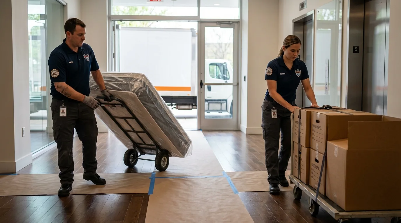 Professional apartment movers loading elevator in Schoharie, NY