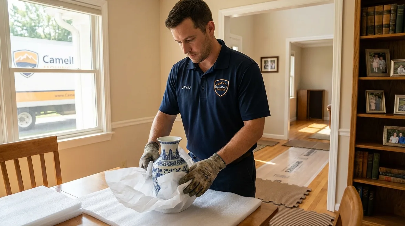Professional crew carefully wrapping antique vase for senior downsizing move in Schoharie, NY
